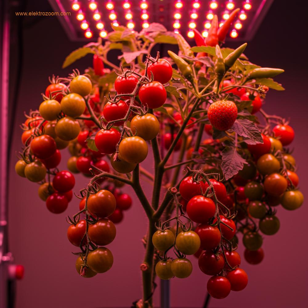 Parlak LED ışık altında olgun, renkli meyvelerle dolu, canlı ve sağlıklı bir meyve veren bitki. Zengin doku ve bol hasat vurgulanıyor.