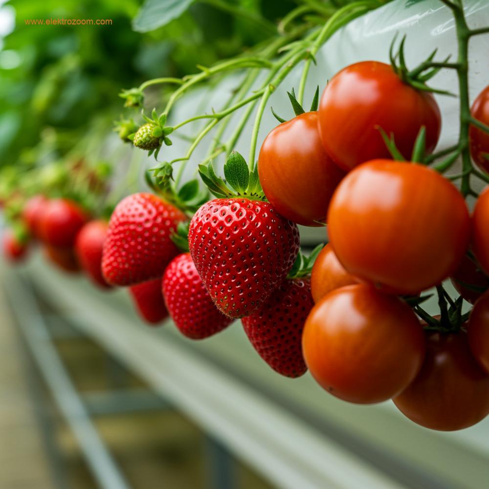 Topraksız bir tarım sisteminden bol ve yüksek kaliteli hasadı gösteren makro çekim. Bir dikey hidroponik kulede sarkmış, mükemmel olgunlaşmış, masmavi çilek kümelerine veya sağlam gövdelerde asılı, tek tip büyüklükte, güneşte olgunlaşmış domateslere odaklanılıyor. Ürünler kusursuz, sulu ve toplamaya hazır görünüyor, modern yetiştirme yöntemleriyle elde edilen üstün verimi ve görsel çekiciliği vurguluyor.