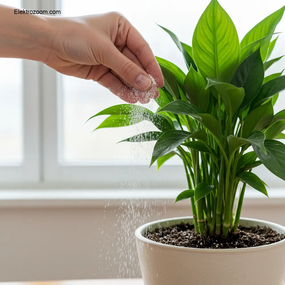 Modern seramik bir saksıda bulunan bir ev bitkisinin kuru, iyi drene edilmiş toprak yüzeyine nazikçe ince, beyaz bir toz (diatom toprağı) serpen bir el. Bitki gür yeşil yapraklara sahiptir. Sahne, parlak, temiz bir iç mekan ortamında, zararlı kontrolü için doğal ve güvenli bir yöntemi vurgulayarak kurulmuştur. Görüntü, sert veya şiddet içeren unsurlar olmadan özen ve etkili tedaviyi yansıtmalıdır.