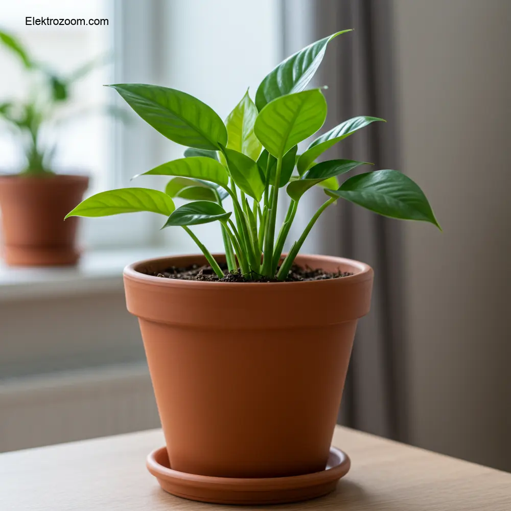 Canlı yeşil yapraklı, iyi drene edilmiş bir terakota saksıda güvenli bir şekilde yerleştirilmiş, sağlıklı ve gelişen bir ev bitkisinin sakin bir iç mekan sahnesi. Üst toprak gözle görülür derecede kuru, bu da uygun sulama uygulamalarını gösteriyor. Zararlı belirtisi yok. Arka plan yumuşak bir şekilde bulanık, bitkilerin iyi bakıldığı huzurlu bir ev ortamını düşündürüyor. Görüntü, zararlı önleme ve sağlıklı bitki bakımının başarılı sonucunu temsil ediyor.