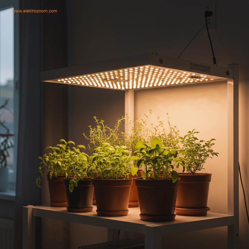 Modern bir evde, bir rafta veya küçük bir masada duran birkaç sağlıklı saksı bitkisi, dikdörtgen bir LED bitki lambasının altında doğal, sıcak beyaz ışıkla aydınlanıyor.