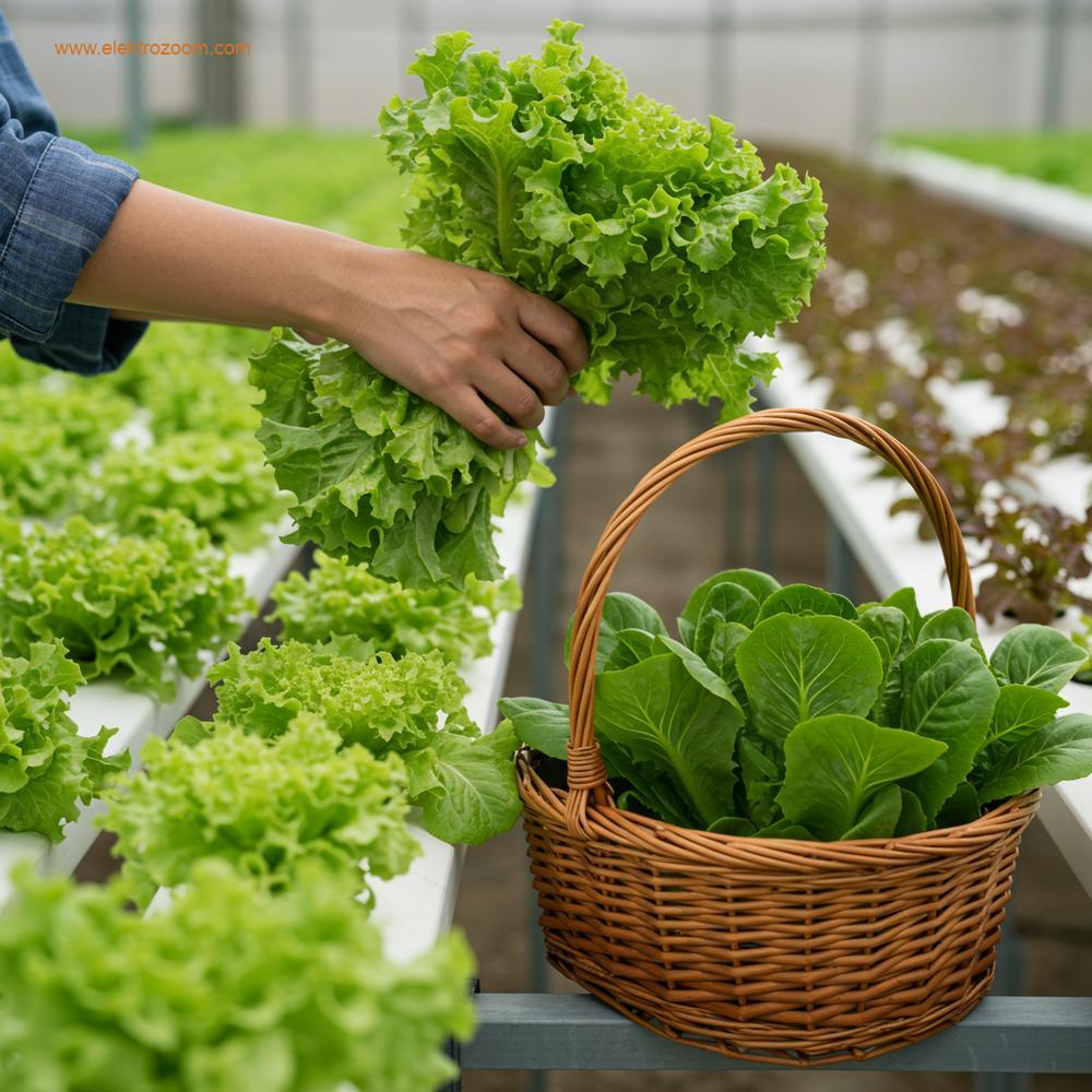 Temiz kıyafetli bir çiftçi, bir hidroponik NFT kanalından taze, canlı yeşil marul demetini özenle hasat ediyor. Sepet, zaten gevrek ürünlerle kısmen dolu.