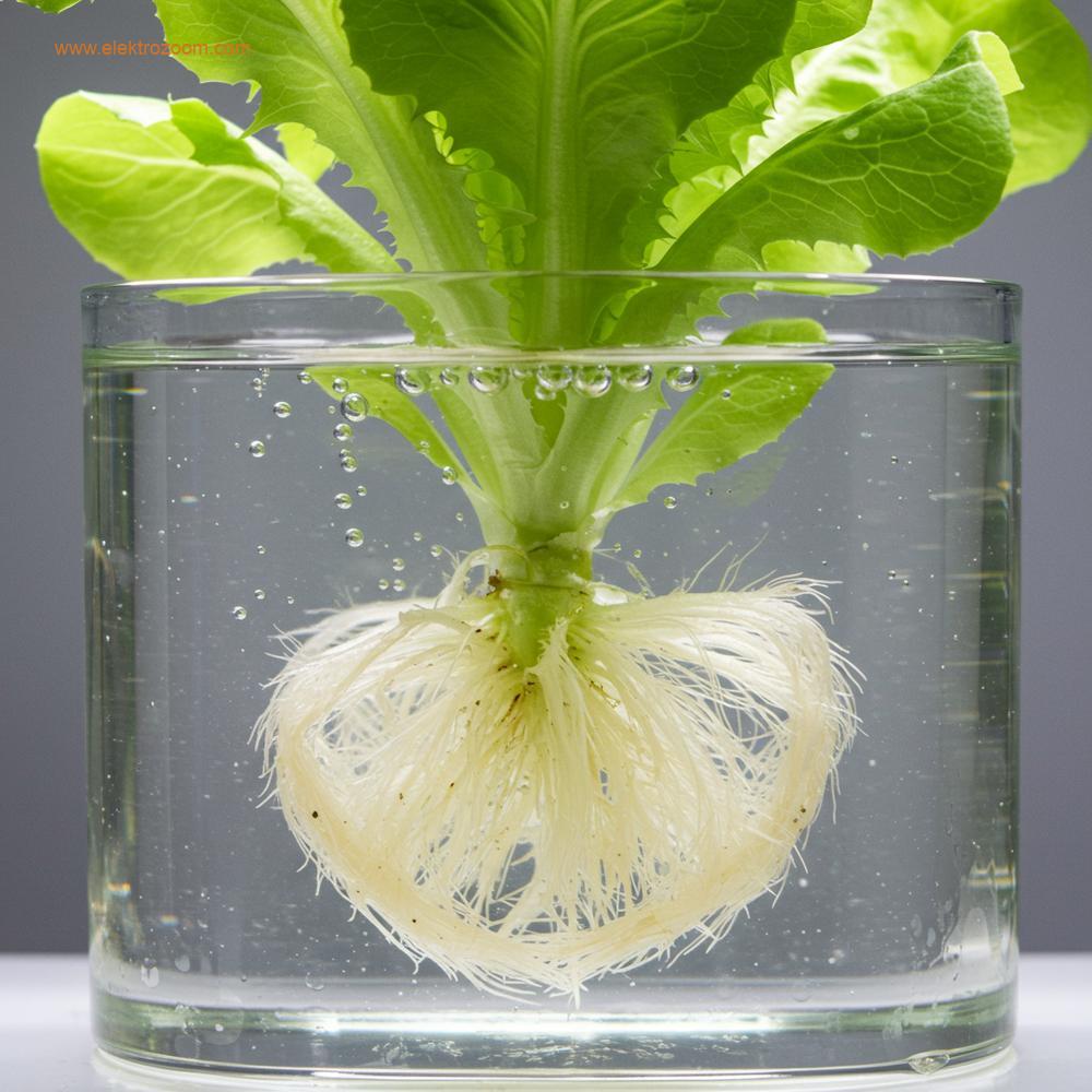 Şeffaf bir cam tank aracılığıyla görünen, gelişen bir marul bitkisinin birinci sınıf, beyaz, sağlıklı kök sisteminin sanatsal ve temiz yakın çekimi. Kökler kristal berraklığında besin çözeltisine daldırılmış.