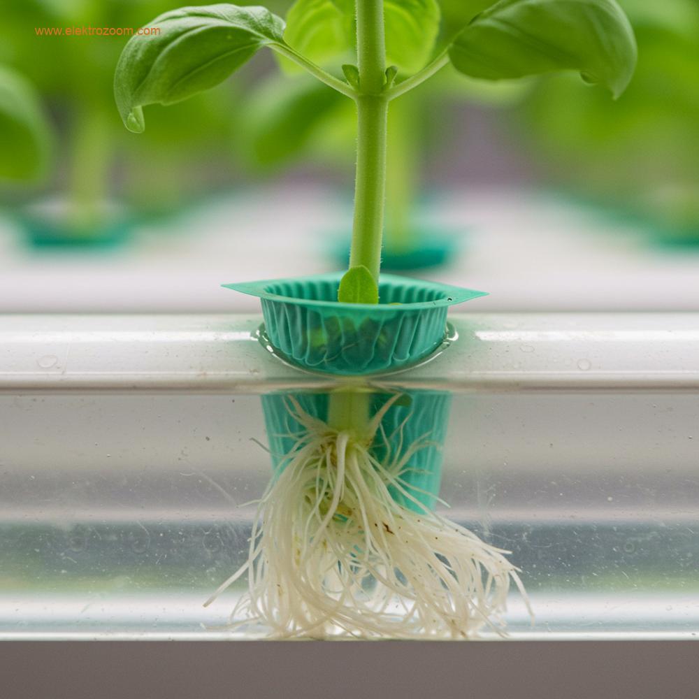 Hidroponik kanalda yetişen bir bitkinin (örneğin fesleğen) sağlıklı, bembeyaz kök sistemine odaklanan yakın çekim, yüksek detaylı bir fotoğraf. Kökler, hafifçe besinli görünen berrak su çözeltisine batırılmış durumda. Bitkinin yeşil gövdesi sudan zarifçe yukarı uzanıyor. Arka plan yumuşak bir şekilde bulanıklaştırılmış.