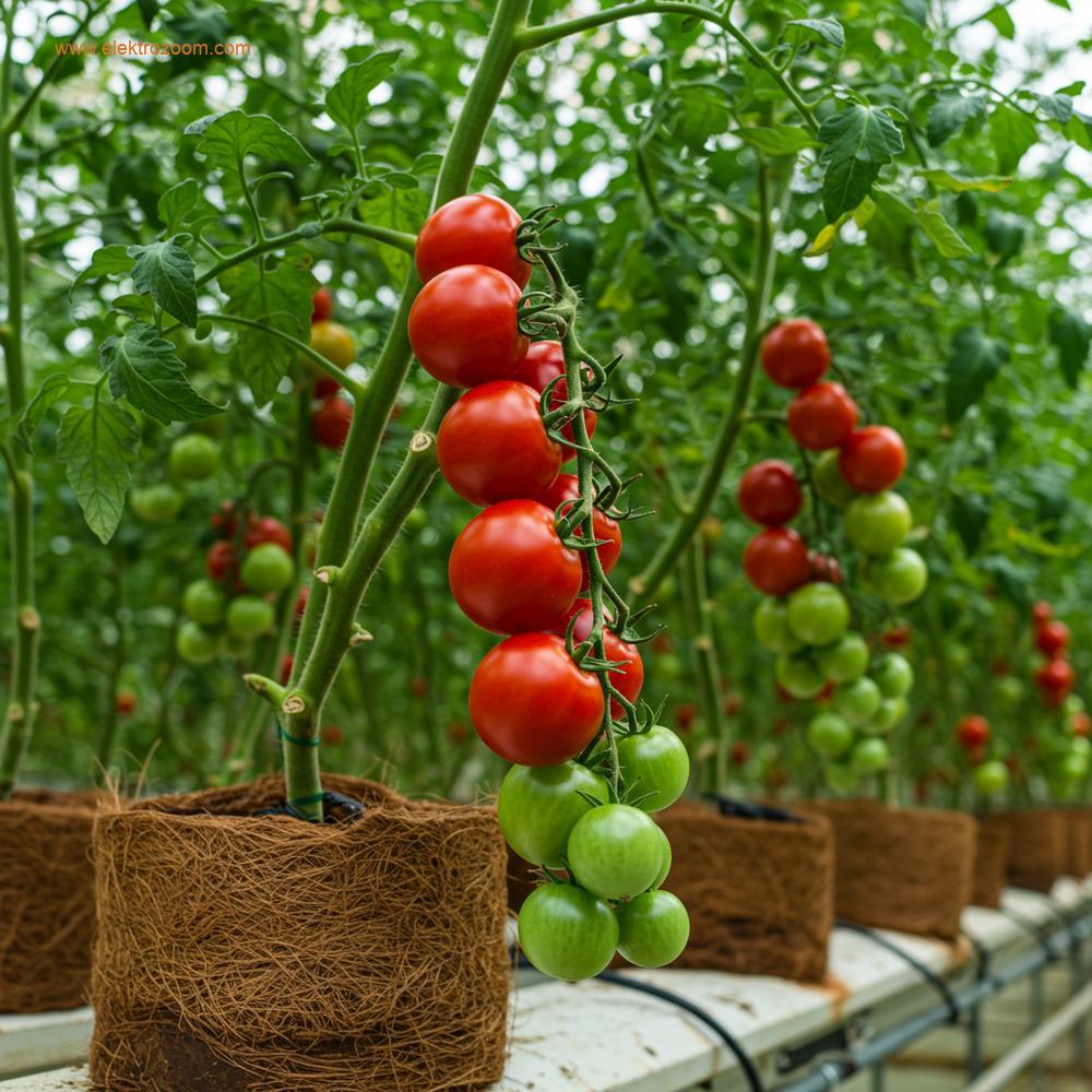 Modern bir serada, olgun kırmızı domateslerle yüklü sağlıklı, gür bir hidroponik damla sistemi domates bitkisine odaklanmış yakın çekim. Bitki iplerle desteklenmiş ve kökleri hindistan cevizi torflarına yerleştirilmiş.