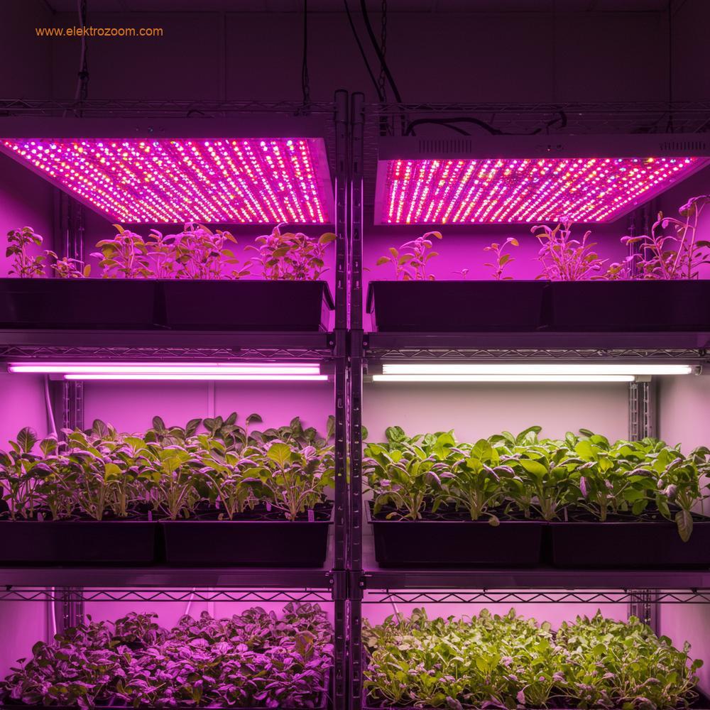 Farklı bitkilerin hem LED hem de floresan ışıklar altında yetiştirildiği modern bir iç mekan bahçe kurulumu.