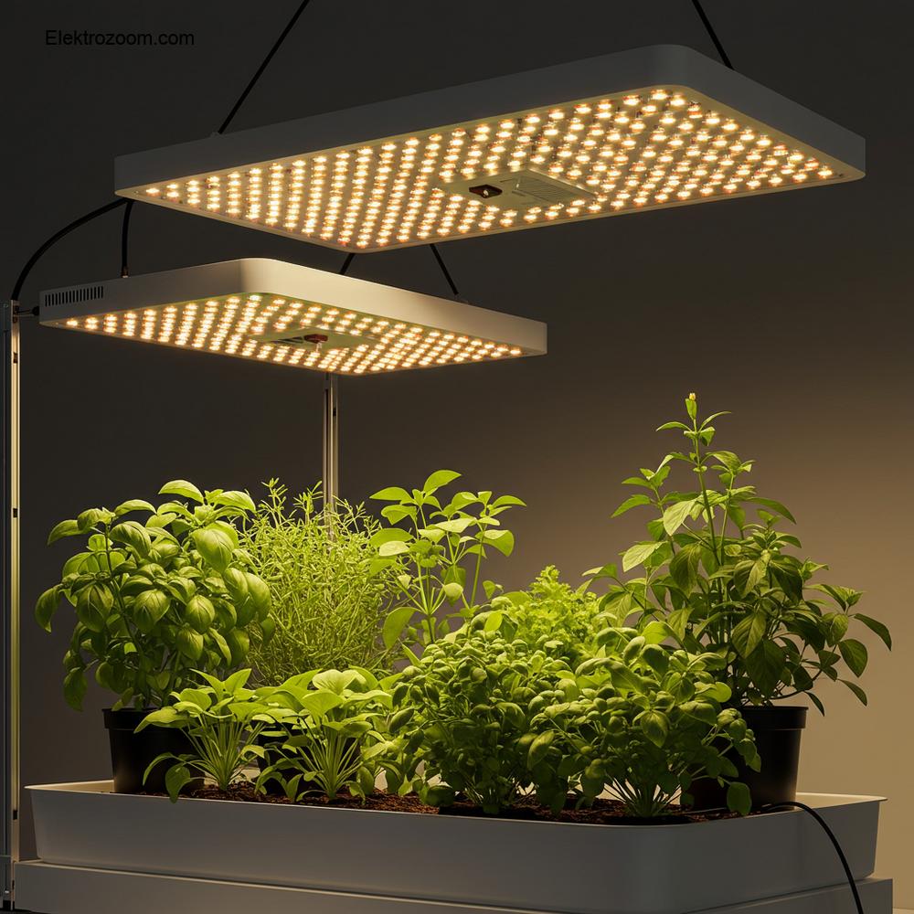 Modern, şık LED yetiştirme ışıkları altında gelişen, gür ve canlı bir iç mekan bahçesinin gerçekçi görüntüsü. Sahne, otlar, yapraklı yeşillikler ve küçük bir çiçekli bitki dahil olmak üzere çeşitli sağlıklı yeşil bitkileri içeriyor; hepsi güçlü bir büyüme sergiliyor. LED ışıklar sıcak, tam spektrumlu beyaz ışık yayarak parlak ve davetkar bir atmosfer yaratıyor. Kurulum temiz, düzenli ve gelişmiş iç mekan bahçeciliği teknolojisini aşırı steril olmadan zarif bir şekilde sergiliyor. Bitkilerin canlılığına ve zengin renklerine odaklanılmış.