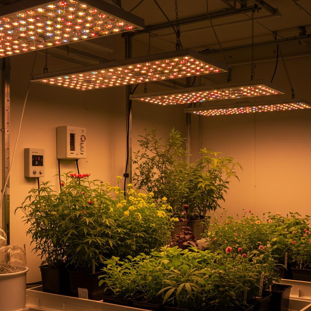 Temiz, modern bir iç mekan bitki yetiştirme kurulumu. Sarkan enerji verimli LED bitki lambalarının altında çeşitli canlı yeşil ve çiçekli bitkiler gelişiyor.