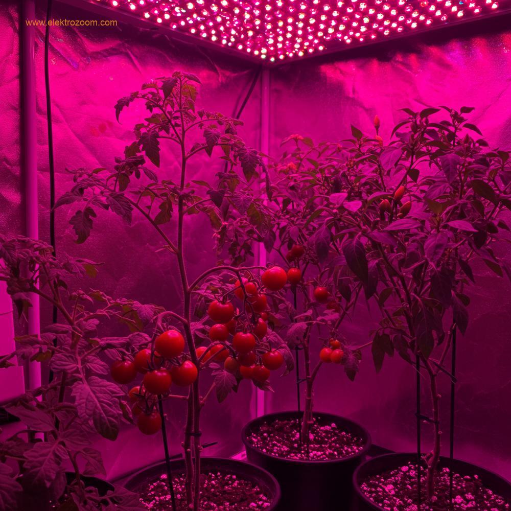 Olgunlaşmış, meyve veren bitkilerin, güçlü ve tam spektrumlu bir LED yetiştirme lambasının karakteristik pembe-mor ışığı altında gelişimi.