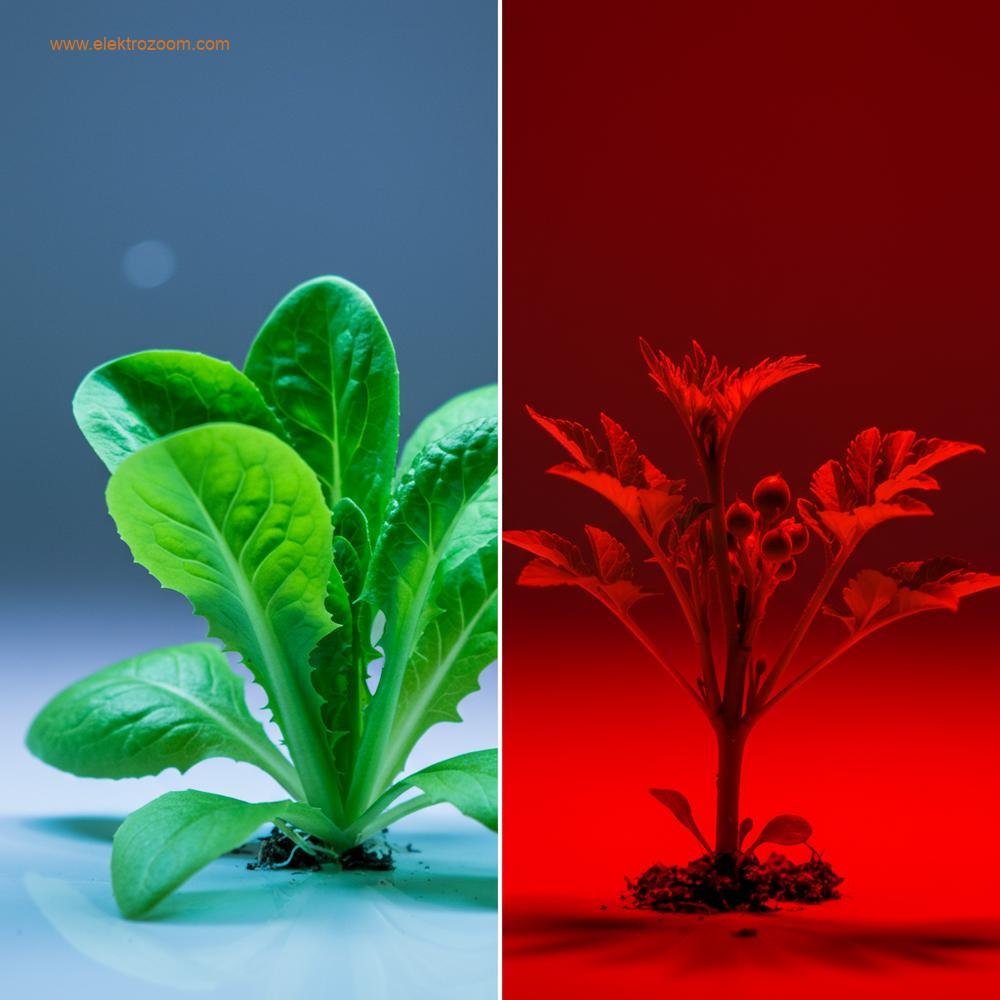 Farklı ışık spektrumlarının bitki büyümesi üzerindeki etkisini gösteren kavramsal bir görsel; mavi ışık ve kırmızı ışığın etkileri karşılaştırılıyor.