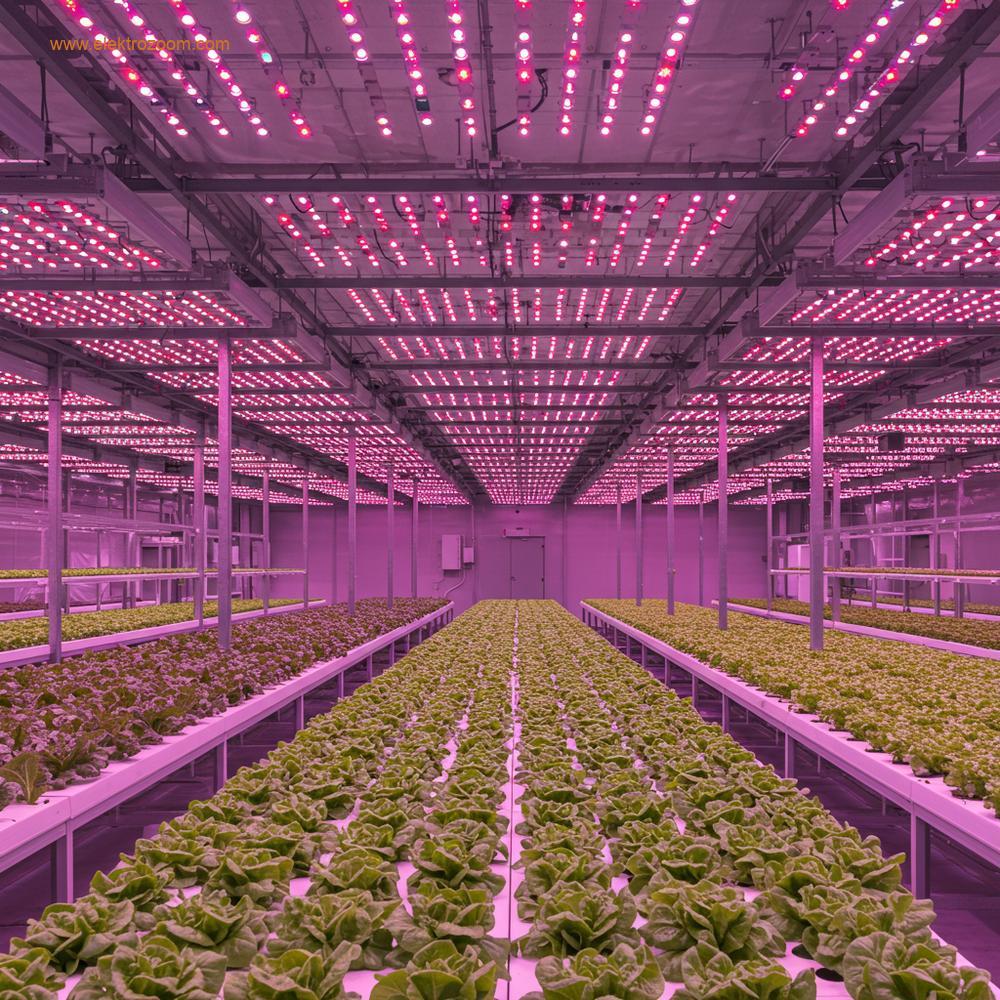 Modern, yüksek teknolojili bir seranın iç mekanının geniş bir görüntüsü. Seraların içinde sıralanmış, yemyeşil, canlı yeşil yapraklı sebzeler (örneğin marul veya ıspanak) enerji tasarruflu LED yetiştirme ışıkları altında düzenli bir şekilde yerleştirilmiş. LED'ler nazik, belirli bir spektrum ışığı yayarak bitkilerin sağlığını ve hızlı büyümesini vurgulayan yumuşak, hafif morumsu-pembe bir parıltı saçıyor. Ortam temiz, iyi organize edilmiş ve kontrollü tarımın göstergesidir. Doğal ışık da mevcuttur, ancak tamamlayıcı LED aydınlatması belirgindir. Sürdürülebilir tarımdaki yeniliğe odaklanın.