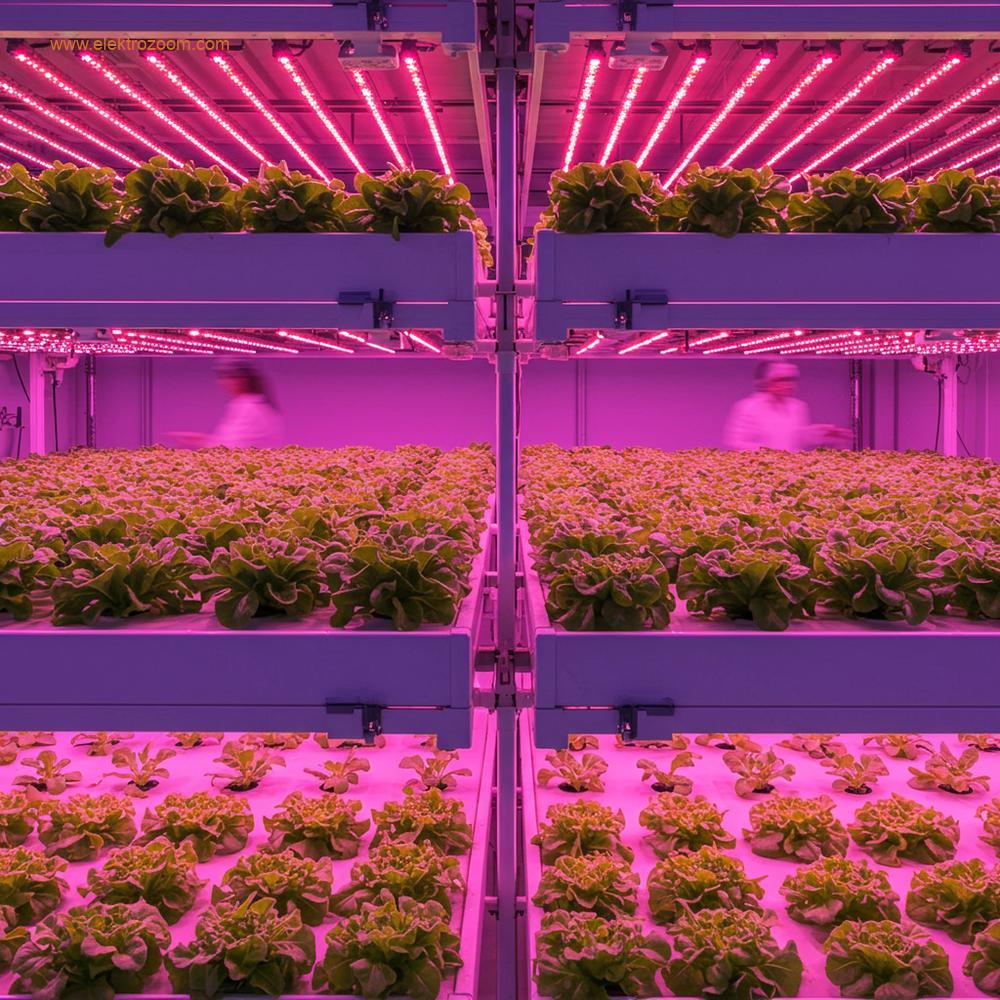 Modern, temiz ve fütüristik bir iç mekan dikey çiftliği. Birden fazla seviyeli yetiştirme rafları görülüyor. Canlı yeşil yapraklı sebzeler, hidroponik sistemde yetişiyor. Her seviye yumuşak mor ve kırmızı LED bitki yetiştirme ışıklarıyla aydınlatılıyor. Ortam tertemiz, düzenli ve yüksek teknolojiye sahip. Besin çözeltisini taşıyan beyaz PVC borular veya kanallar görünüyor. Bitkiler tek tip sağlıklı ve yemyeşil. Arka planda beyaz önlüklü bir insan figürü bitkileri inceliyor.