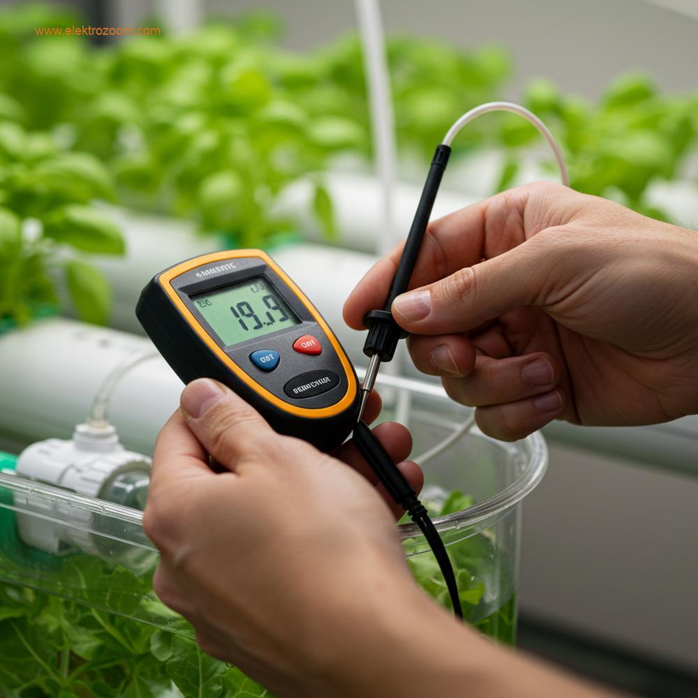 Temiz, profesyonel görünümlü bir yetişkinin elleriyle, şeffaf bir hidroponik rezervuardaki besin çözeltisinin elektriksel iletkenliğini (EC) ölçmek için dijital bir EC metre kullandığı odaklanmış bir çekim.