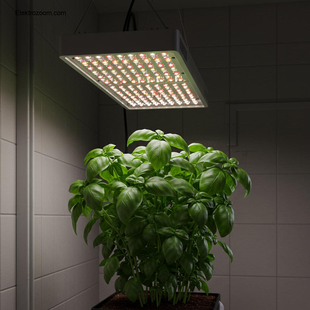 Optimum düzeyde aydınlatılmış bir iç mekan bitki kurulumunun gerçekçi yan görünümü. Modern, enerji verimli bir LED yetiştirme ışığı, gür, koyu yeşil bir bitkinin (büyük bir fesleğen veya küçük bir domates bitkisi gibi) üzerinde tam olarak ideal bir mesafede asılı duruyor. Yapraklar, yanma veya uzama belirtileri olmadan mükemmel şekilde yayılmış, doğru ışık yoğunluğunu ve yerleşimini gösteriyor. Işık armatürü net bir şekilde görülüyor ancak görüntüyü domine etmiyor; bu, doğru aydınlatma sonucunda sağlıklı bitki büyümesine odaklanıyor. Ortam temiz ve bakımlı görünmeli.