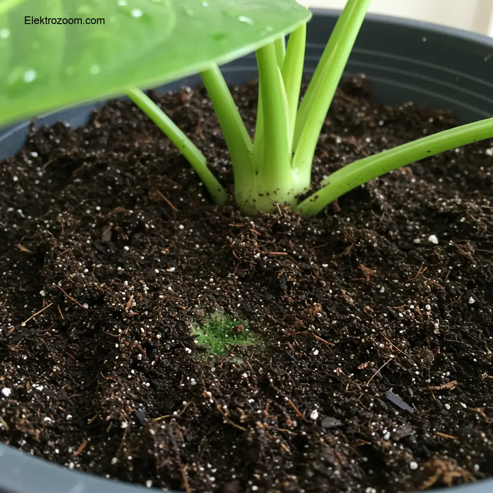 Aşırı sulanmış bir ev bitkisi saksısını gösteren yakın çekim. Toprak yüzeyi koyu, çok nemli ve lingering nem işaretleri gösteriyor, muhtemelen yeşil yosun veya küf oluşmaya başlıyor. Bitkinin sağlıklı yeşil bir yaprağı arka planda görünerek sorunlu toprakla kontrast oluşturuyor. Görüntü, aşırı nemli toprak kavramını tatsız veya şiddet içeren unsurlar olmadan açıkça aktarmalıdır.