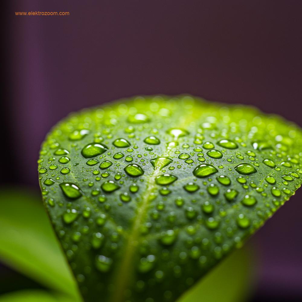 Yumuşak, tam spektrumlu bir bitki lambasıyla nazikçe aydınlatılan, su damlacıklarıyla parlayan canlı yeşil bir bitki yaprağının yakın çekimi.