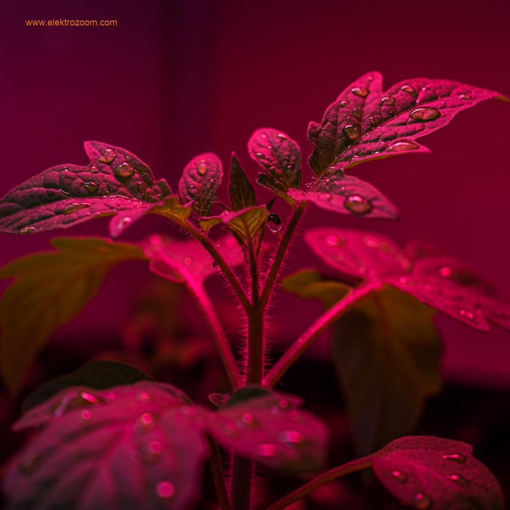 Odaklanmış kırmızı ve mavi LED ışıklar altında gelişen sağlıklı genç bir bitkinin yakın çekimi. Yapraklar zengin, koyu yeşil renkte ve kompakt, sağlam büyüme belirtileri gösteriyor. Yaprakların üzerinde su damlacıkları görülüyor.