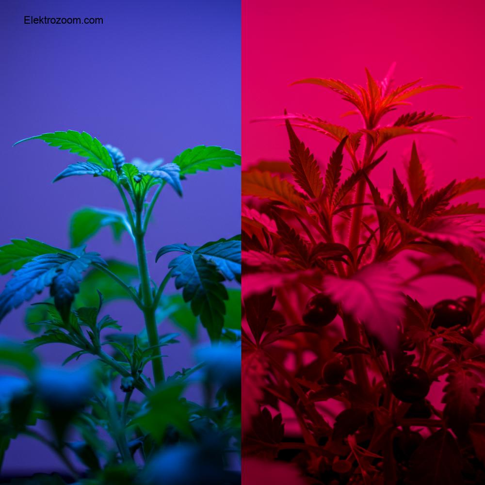Farklı ışık spektrumlarının sağlıklı bitkiler üzerindeki etkisini gösteren detaylı, gerçekçi bir yakın çekim. Bir tarafta, genç bir bitki belirgin bir mavi ışıkla yıkanıyor, gür vejetatif büyümeyi ve kompakt yaprakları vurguluyor. Diğer tarafta, başka bir sağlıklı bitki (veya aynı bitkinin farklı bir kısmı) sıcak kırmızı/pembe bir ışıkla aydınlatılıyor, gelişen çiçekleri veya meyveleri öne çıkarıyor. Işık renkleri arasındaki geçiş görünür olmalı, eğitici ve görsel olarak çarpıcı bir görüntü oluşturmalı. Bitkiler canlı ve stresten uzak görünmeli.