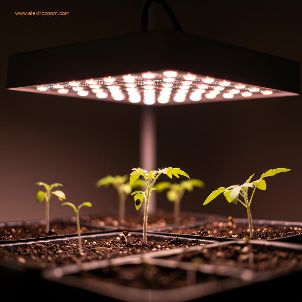 Küçük fidelerin toprakta yavaşça filizlendiği, düşük yoğunluklu bir LED bitki lambasının altından nazik bir ışık aldığı yakın çekim.