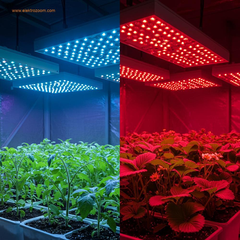 Kontrollü bir sera ortamında, farklı LED ışık spektrumları altında gelişen çeşitli bitkilere odaklanan ayrıntılı, gerçekçi bir yakın çekim. Bir bölüm, mavi ağırlıklı LED ışıklar altında canlı yeşil, sağlam vejetatif büyümeyi (örneğin genç domates bitkileri veya otlar) göstererek yaprak ve gövde gelişimini vurguluyor. Bitişik bir başka bölümde, kırmızı ağırlıklı LED ışıklar altında çiçek açan çilekler veya meyve veren biberler gösteriliyor ve çiçeklenme ve meyve oluşumu vurgulanıyor. LED armatürleri şık ve moderndir, hedeflenen aydınlatma sağlar. Bitkiler istisnai derecede sağlıklı, sağlam ve stressiz görünmektedir, büyüme aşamalarında net görsel farklılaşma vardır.