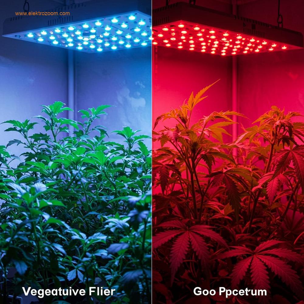 Farklı ışık spektrumlarının etkisini gösteren bölünmüş bir görüntü. Mavi spektrum altında yeşil yapraklı bitki ve kırmızı spektrum altında çiçeklenen bir bitki gösteriliyor.