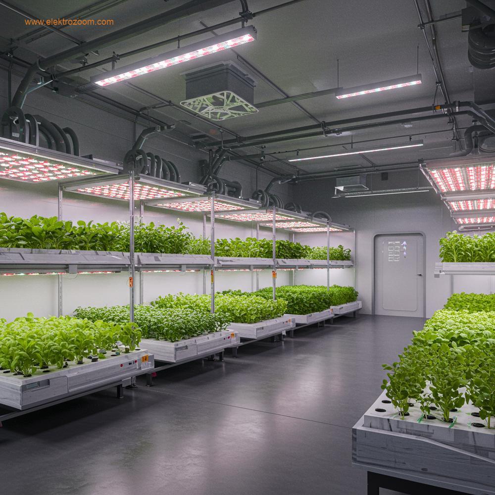 Yüksek teknolojili, sürdürülebilir bir hidroponik tesisin geniş açılı, fütüristik bir iç görünümü. Yapraklı yeşillikler, küçük otlar ve çilekler çeşitli sistemlerde gelişiyor.