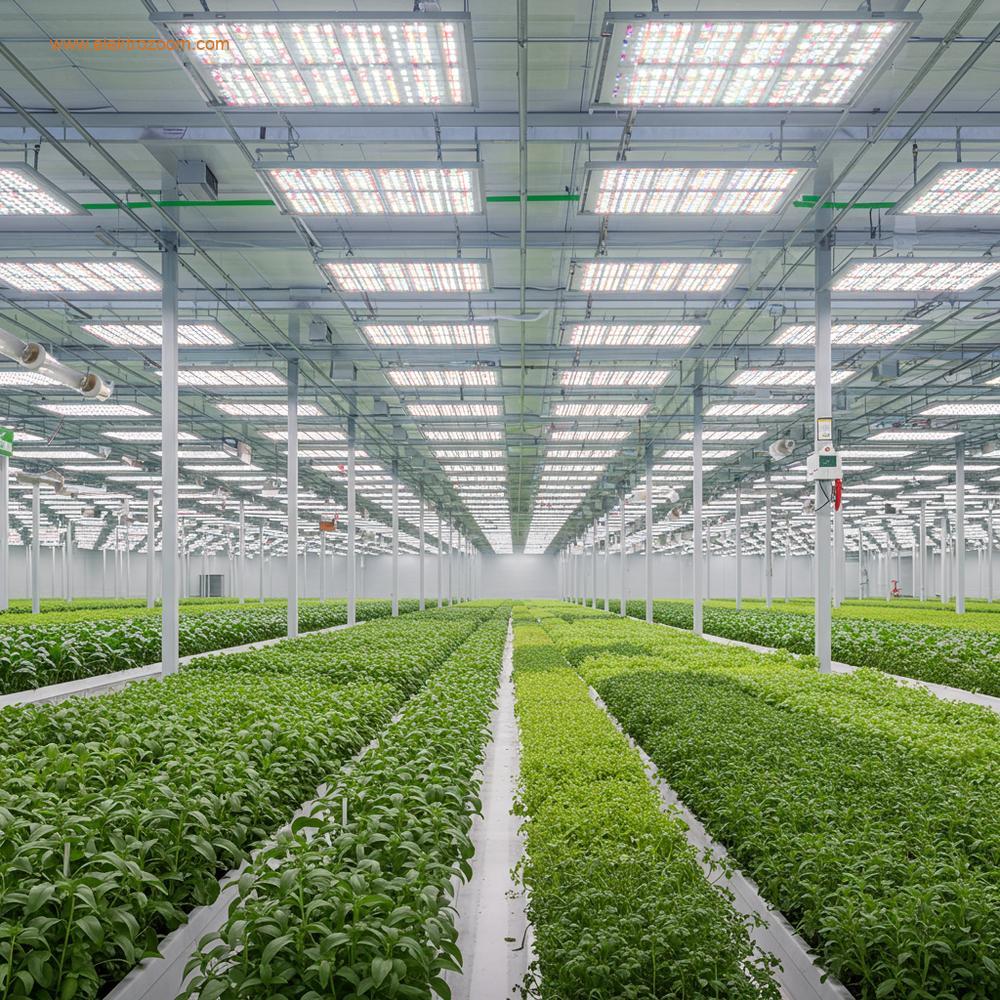 İç perspektiften, sürdürülebilirlik ve enerji verimliliğini vurgulayan, son teknoloji bir sera tesisinin ilham verici, gerçekçi geniş çekimi. Şık, uzun ömürlü LED yetiştirme ışığı dizileri, çeşitli, sağlıklı bitkilerin (örneğin otlar ve sebzelerin bir karışımı) üzerinde düzgün bir şekilde dağıtılmış olup, sahneyi temiz, tutarlı bir ışıkla yıkıyor. Sera mimarisi modern ve verimlidir; görünür iklim kontrol sistemleri (örneğin havalandırma delikleri, minimal borulama) mevcuttur. Genel atmosfer parlak, taze ve teknolojik olarak gelişmiştir, tarımda optimize edilmiş kaynak kullanımı ve çevresel sorumluluk duygusunu aktarır. İnsan varlığı yoktur, böylece teknoloji ve doğa odağı korunur.