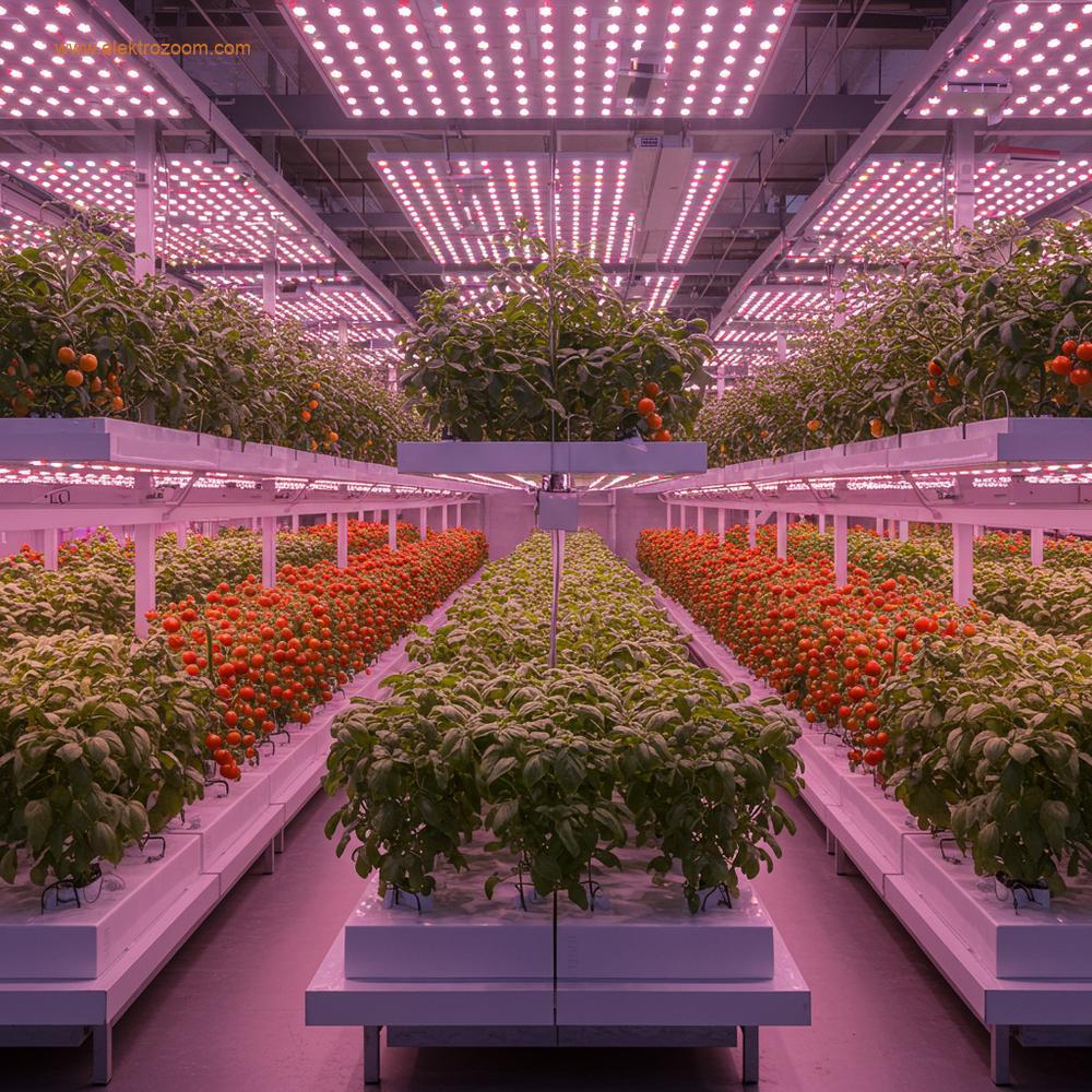 LED ışıklarla aydınlatılan modern dikey tarım serasında yetişen yüksek kaliteli, bol miktarda ürünü gösteren gerçekçi, göz hizasında bir çekim. Çoklu dikey katmanlarda mükemmel olgunlukta, yoğun renklendirilmiş meyve veya sebzeler (örneğin zengin kırmızı çeri domatesler, canlı yeşil fesleğen veya canlı mor patlıcanlar) görünmektedir. Dikey raflara entegre edilmiş LED paneller, her bitkiye ideal ışığı yansıtarak, tek tip büyümelerini, kusursuz durumlarını ve olağanüstü görsel çekiciliklerini vurgular. Üretim yoğunluğuna ve hasadın üstün kalitesine odaklanın.