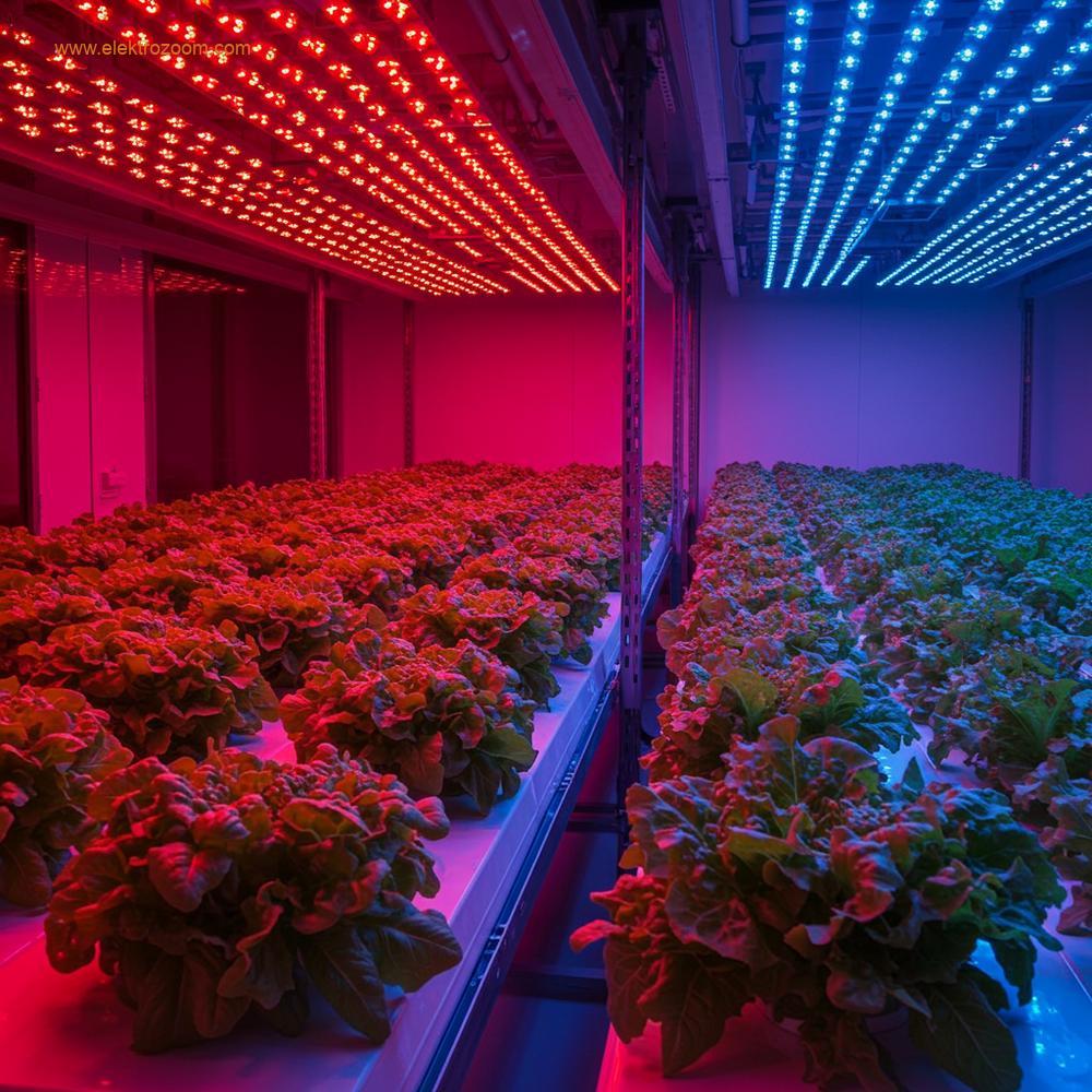 Modern, temiz bir iç mekan dikey tarım ortamı. Yapay LED ışıklar altında sağlıklı, canlı yeşil yapraklı sebzeler (örneğin marul, fesleğen) yetiştiriliyor. Sahne, parlayan kırmızı ve mavi ışığın karışımıyla domine ediliyor. Bitkiler sağlam bir büyüme gösteriyor ve çoklu katlarda düzenli olarak sıralanmış durumda.