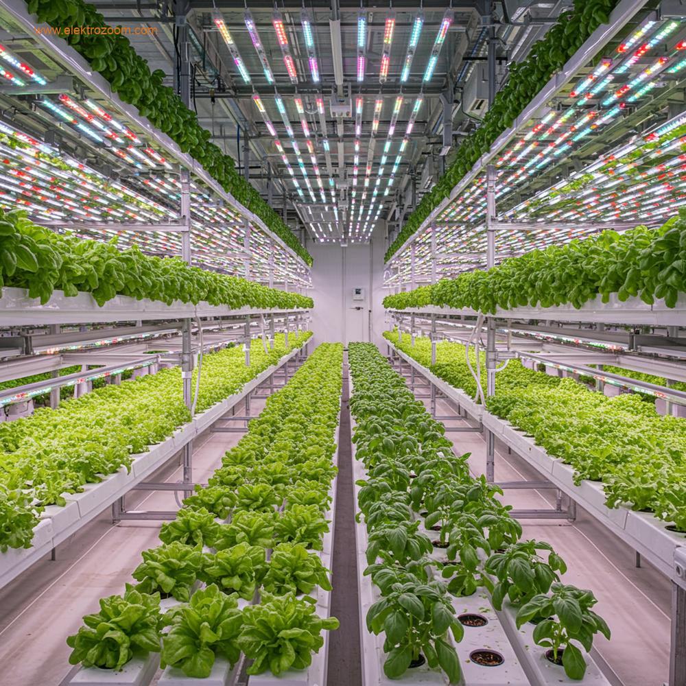 Fütüristik, temiz bir kapalı dikey hidroponik çiftliğin nefes kesen, geniş açılı görüntüsü. Çeşitli marul ve fesleğen gibi canlı yeşil yapraklı sebzeler, yumuşak, tam spektrumlu LED yetiştirme ışıklarının altında gelişiyor. Bitkiler, görünür kanalları ve ince su akışları olan çok katlı bir NFT sisteminde düzenli olarak sıralanmış.