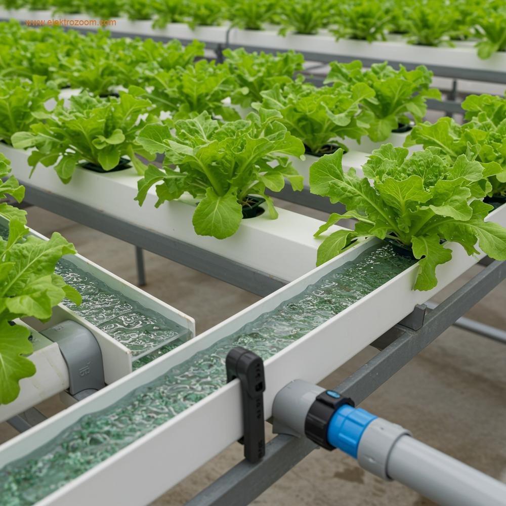 Su tasarrufu ve geri dönüşümü vurgulayan, kapalı döngü bir hidroponik sistemin ayrıntılı yan görünümü. Temiz borular ve kanallar, temiz suyun merkezi bir depodan bitki yatakları boyunca görünür şekilde aktığını ve geri dönüştüğünü gösteriyor. Kanalların üzerindeki yemyeşil bitkiler, su yönetiminde yüksek verimlilik ve sürdürülebilirlik imajı çiziyor.