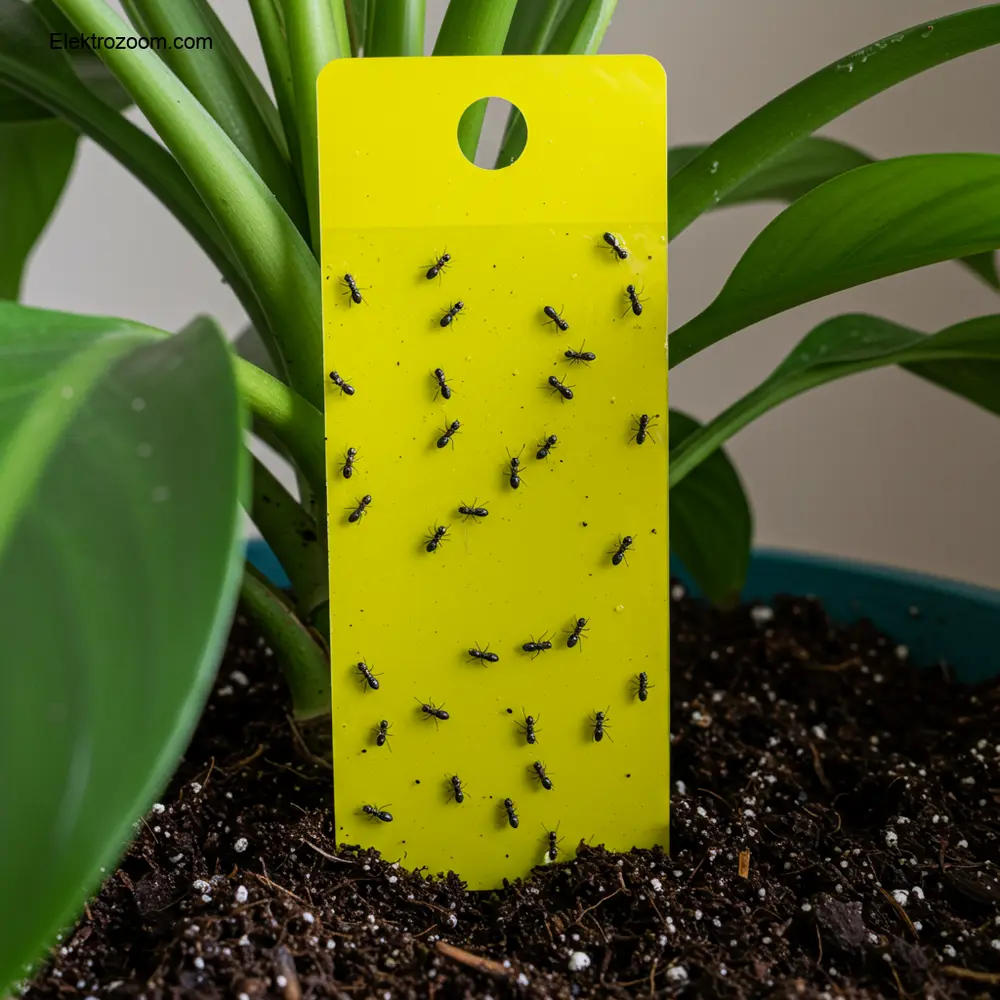 Bir ev bitkisinin toprağına doğrudan yerleştirilmiş sarı bir yapışkan tuzak. Tuzak, birkaç küçük siyah mantar sineği ile kaplı, bu da yetişkin zararlıları yakalamadaki etkinliğini açıkça gösteriyor. Ev bitkisinin kendisi sağlıklı ve bakımlı görünüyor. Aydınlatma parlak ve net, tuzağın ve yakalanan sineklerin ayrıntılarının görünür olmasını sağlıyor. Odak noktası, zararlı sorununa pratik bir çözümdür.