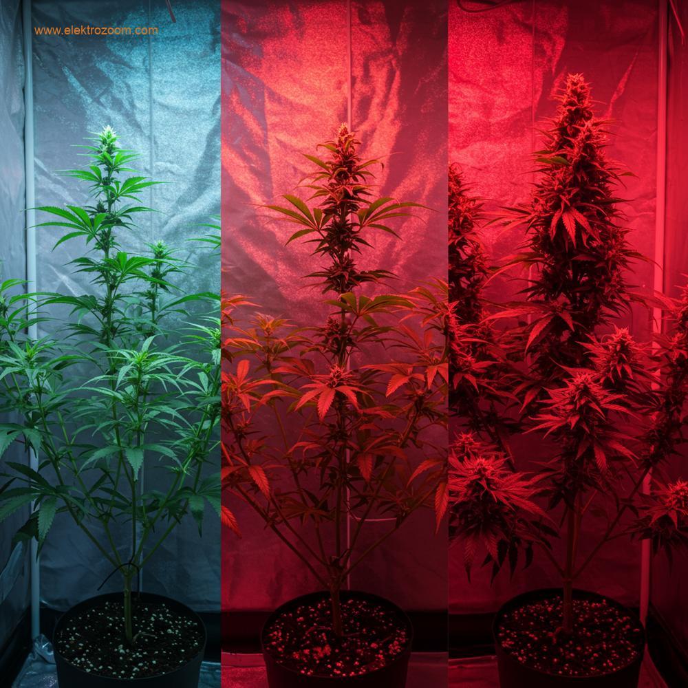 Birkaç haftalık süre boyunca tek bir bitkinin hızlandırılmış gelişimini gösteren bir zaman atlamalı kompozit görüntü, vejetatif büyümeden bol çiçeklenmeye geçişi vurguluyor. Sol taraf daha mavimsi ışık altında genç, daha yeşil yaprakları gösterirken, sağ taraf belirgin şekilde daha kırmızı, daha yoğun ışık altında olgun çiçekleri gösteriyor. Hız ve başarılı döngü kontrolünü ima eden ince görsel ipuçları kullanın.