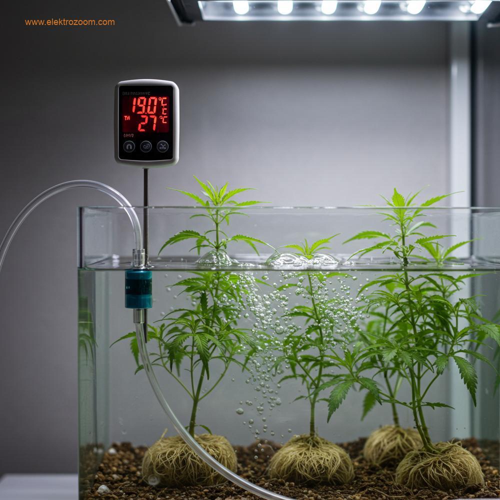 Derin Su Kültürü (DWC) su deposuna odaklanan temiz, bilimsel laboratuvar tarzı bir görüntü. Dijital bir sıcaklık probu görünür durumda ve 19°C ile 21°C arasında bir okuma gösteriyor. Sağlıklı köklerin etrafındaki suya güçlü bir şekilde kabarcık üreten bir hava taşına giden net tüpler içeriliyor. Aydınlatma parlak ve klinik olmalıdır. Gerçekçi fotoğraf.