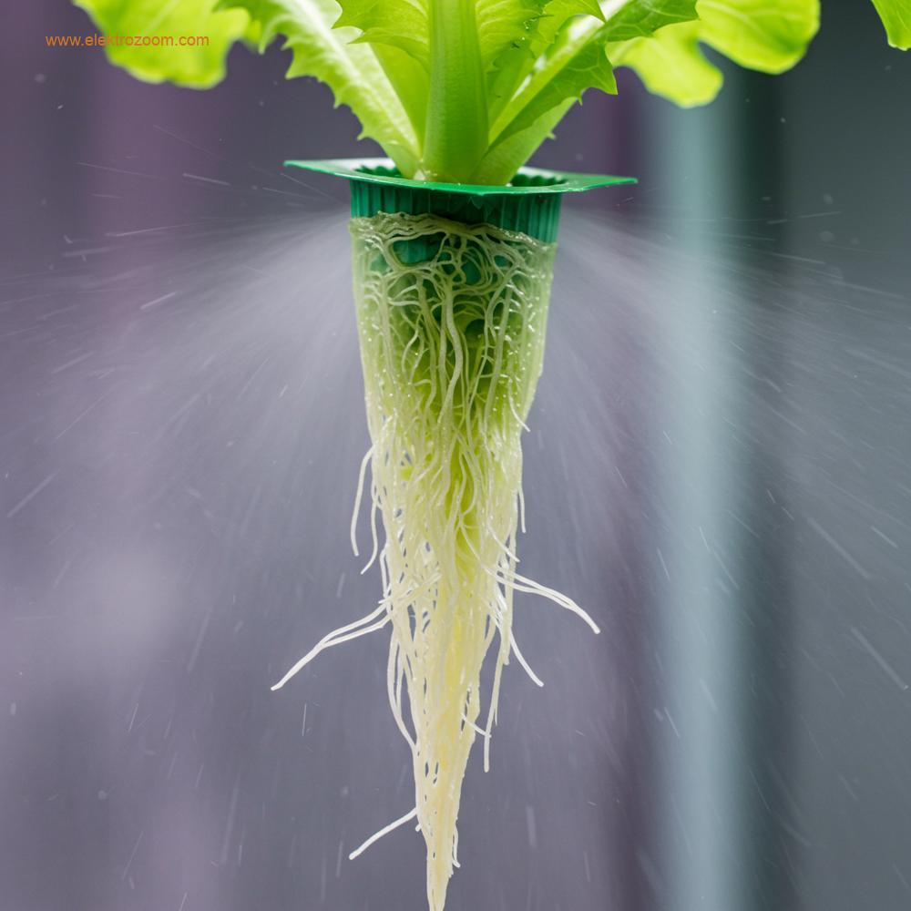 Aeroponik sistemde asılı duran bir marul bitkisinin hassas kök yapısına odaklanılmış makro fotoğraf. İnce besin sisi, beyaz ve sağlıklı kökleri kaplamaktadır.