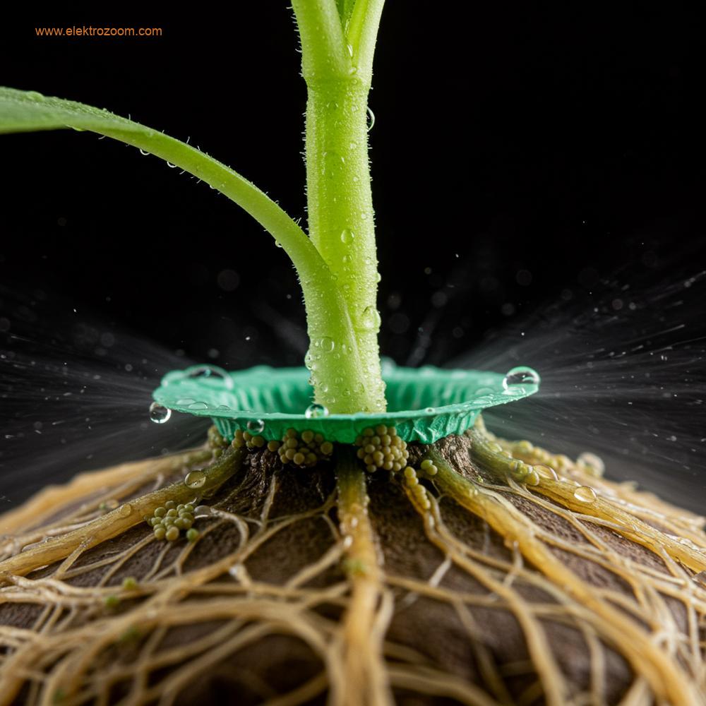 Aeroponik sistemde maruz kalan kökler üzerinde yoğunlaşan besin bakımından zengin mist damlacıkları. Kök yüzeyini kolonize eden koruyucu bakteri kolonileri ışık efektleri ile stilize edilmiştir.