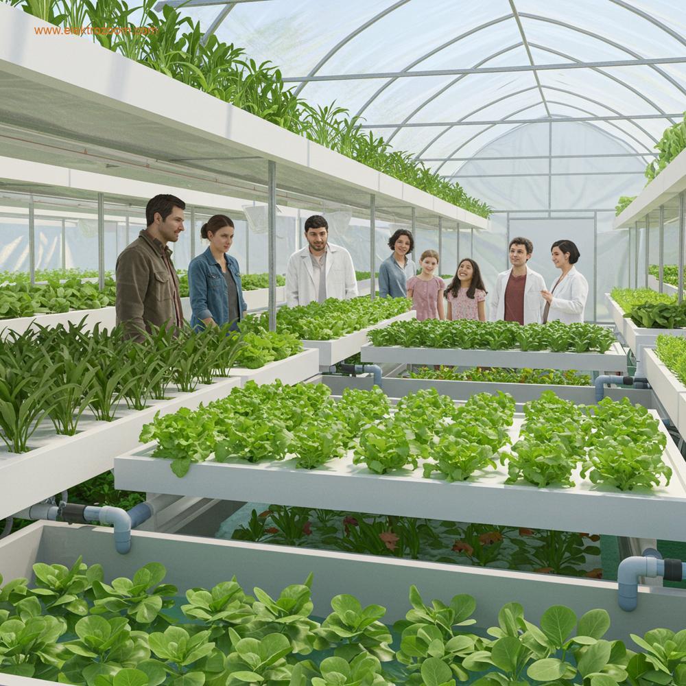 Geleceğin tarımını gösteren sakin ve iyimser bir sahne. İnsanlar, balık tankları ve üstlerindeki sebze yataklarından oluşan, balık suyuyla beslenen gelişen bir akuaponik sistemi gözlemliyor.