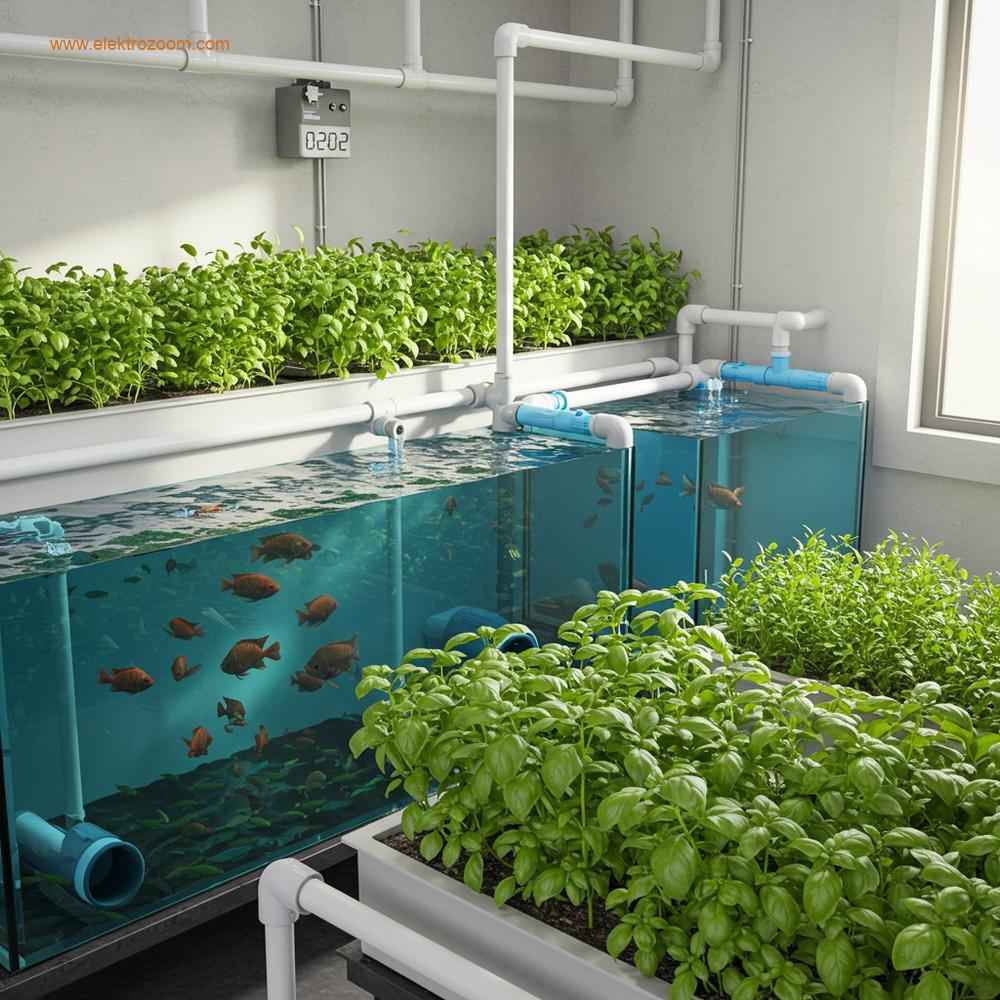 Sağlıklı balıkların yüzdüğü su tankları ile bitki köklerinin besin açısından zengin suda geliştiği bir yetiştirme yatağının entegre edildiği bir akvaponi sistemi görseli.