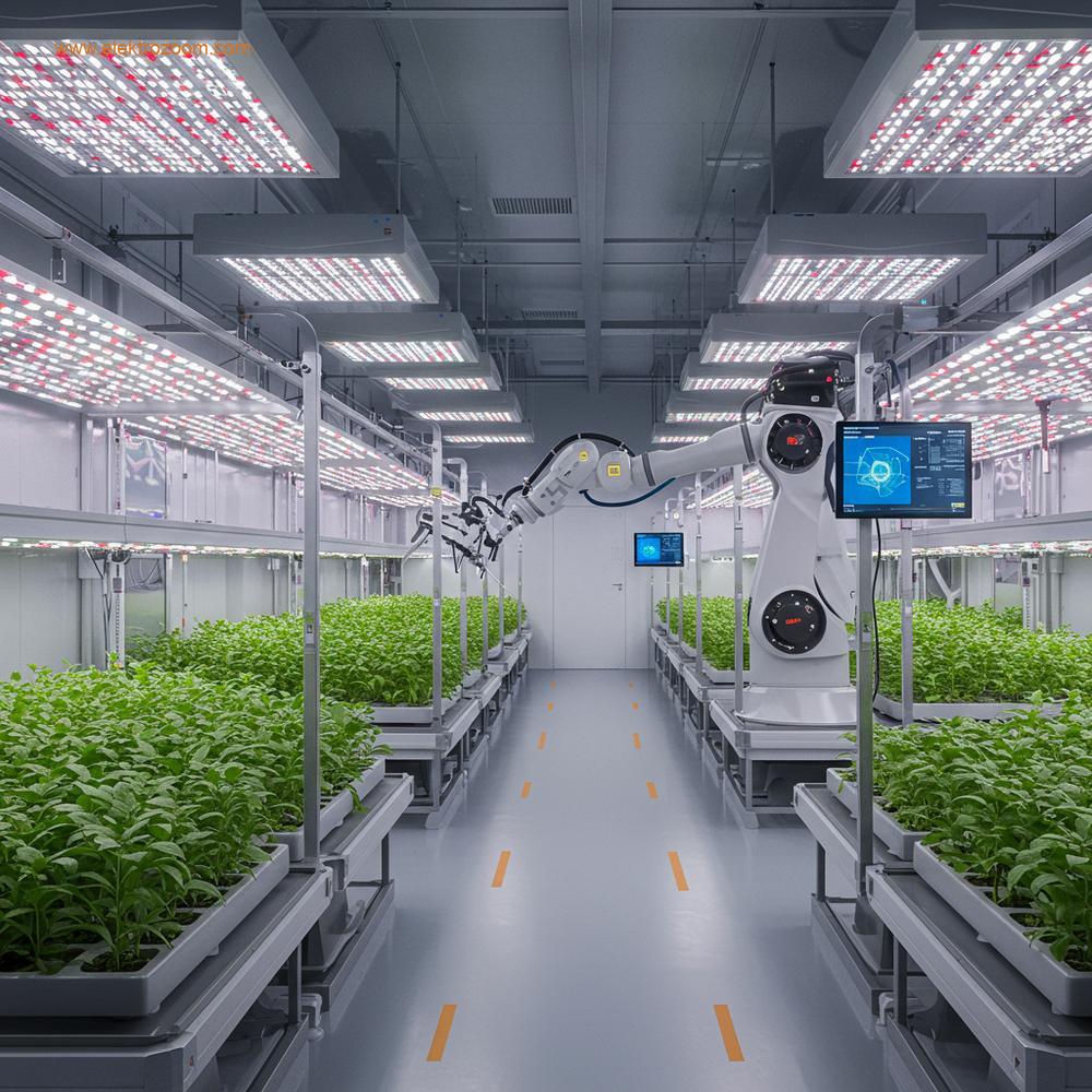 Robotik bir kolun bitki tepsilerine nazikçe müdahale ettiği, arka planda çevresel verileri gösteren dijital ekranların bulunduğu yüksek otomasyonlu bir dikey çiftliğin iç görünümü.