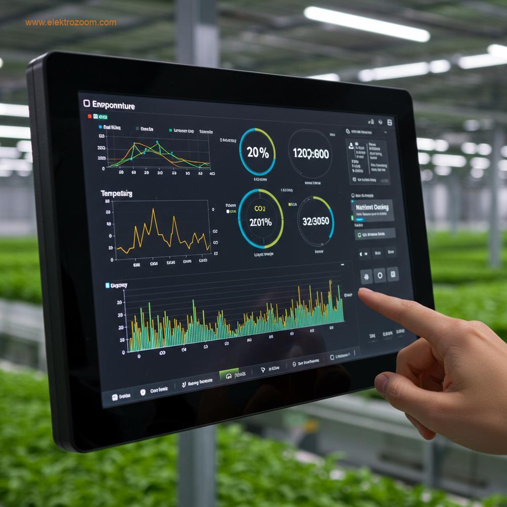 Büyük ölçekli bir iç mekan çiftliğindeki gelişmiş bir çevresel kontrol panelinin yakın çekimi. Ekran sıcaklık, nem ve besin dozlama çizelgelerini gösteriyor.