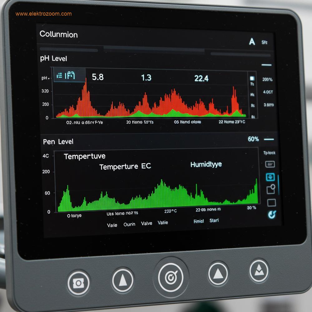 Hidroponik sistem için pH (5.8), EC (1.4), Sıcaklık (22°C) ve Nem (%60) gibi gerçek zamanlı verileri gösteren sofistike bir dijital kontrol paneli (HMI ekranı).
