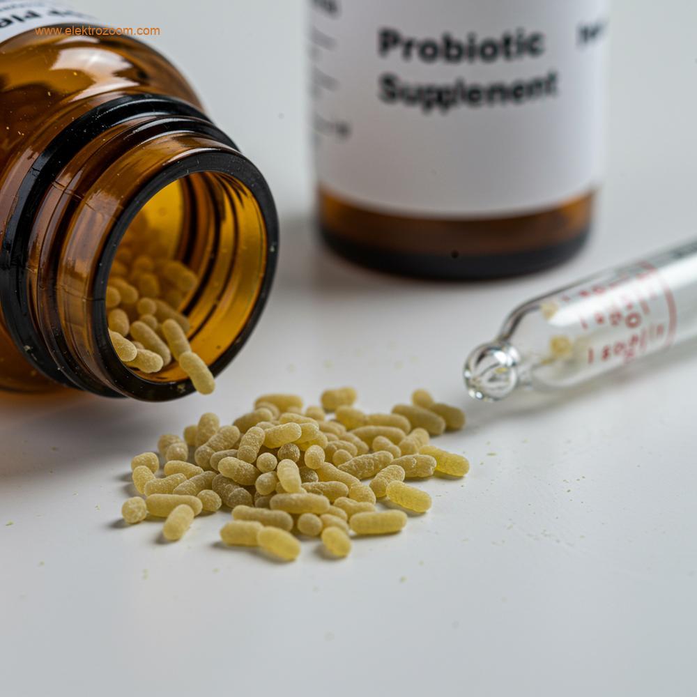 Faydalı mikroorganizmaların, özellikle Trichoderma mantar sporlarının veya Bacillus bakteri kolonilerinin dokusunu veya mikroskobik görünümünü gösteren küçük bir miktar faydalı mikrobun ayrıntılı natürmort görüntüsü, bir rezervuara eklenen faydalı biyo-uyarıcılar olarak gösteriliyor, muhtemelen bir ölçüm pipeti veya 'Probiyotik Takviye' etiketli küçük bir şişenin yanında. Odak, önleyici biyolojik kontrol ajanları üzerindedir. Temiz, ayrıntılı makro çekim.