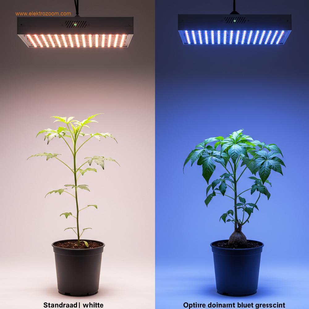 Standart beyaz ışık altındaki uzamış bitki ile optimize edilmiş mavi ışık altındaki kısa, kompakt ve koyu yeşil yapraklı bitkiyi karşılaştıran bölünmüş görüntü.