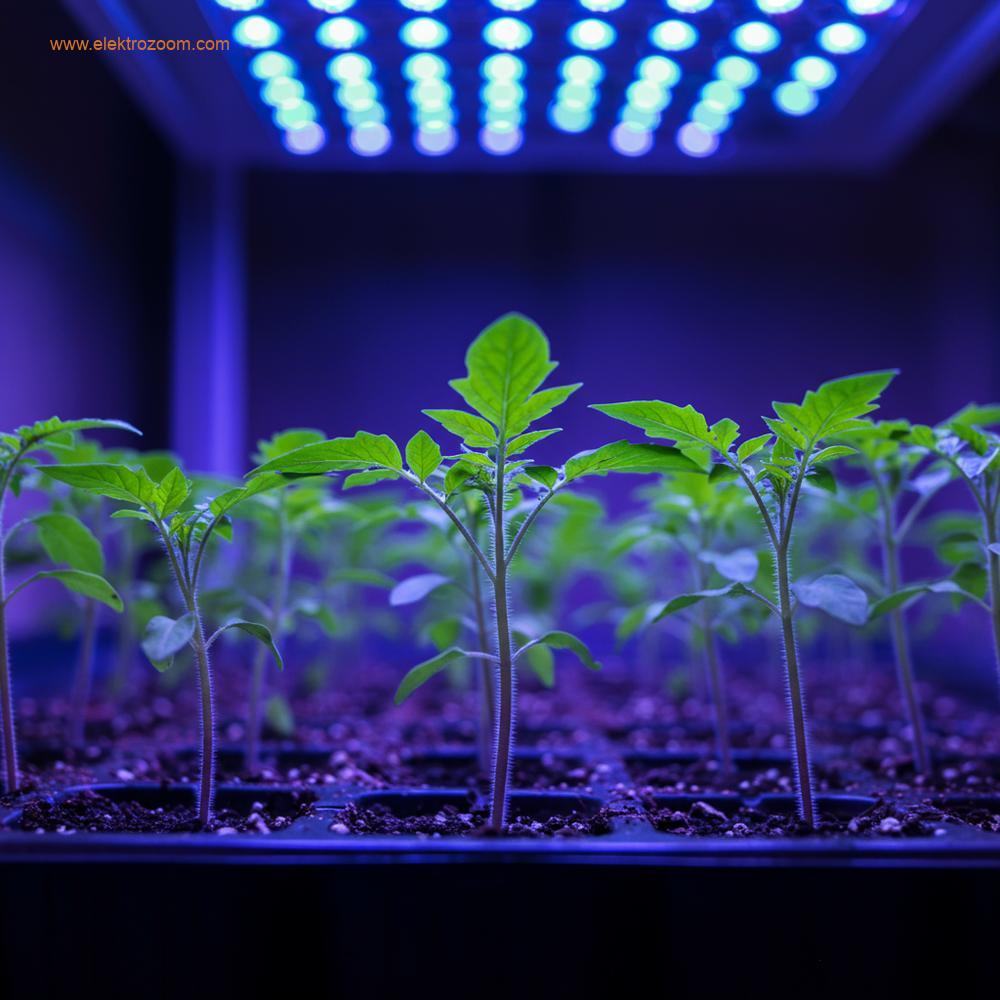 Üstteki LED panelden yayılan belirgin mavi ışıkla yıkanan bir fide tepsisindeki genç fidelerin yakın çekimi, sağlıklı erken evre büyümesini gösteriyor.