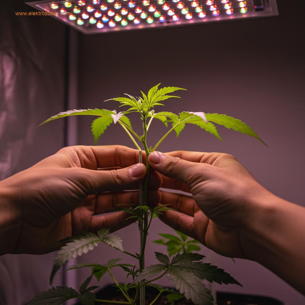 Kişinin ellerinin, üstten tam spektrumlu bir LED yetiştirme ışığıyla aydınlatılmış, canlı bir bitkiye nazikçe bakım yaptığı yakın çekim, gerçekçi bir fotoğraf.