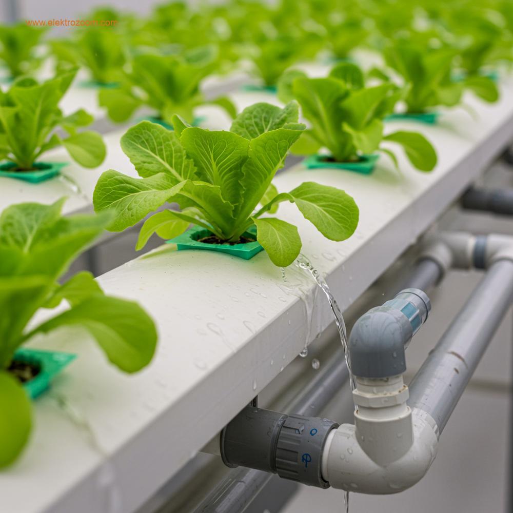 Çalışır durumdaki modern, kapalı döngü bir hidroponik sistemin ayrıntılı, göz hizasından çekilmiş bir görüntüsü. Temiz beyaz kökler ve besin çözeltisi akışı net bir şekilde görülüyor.