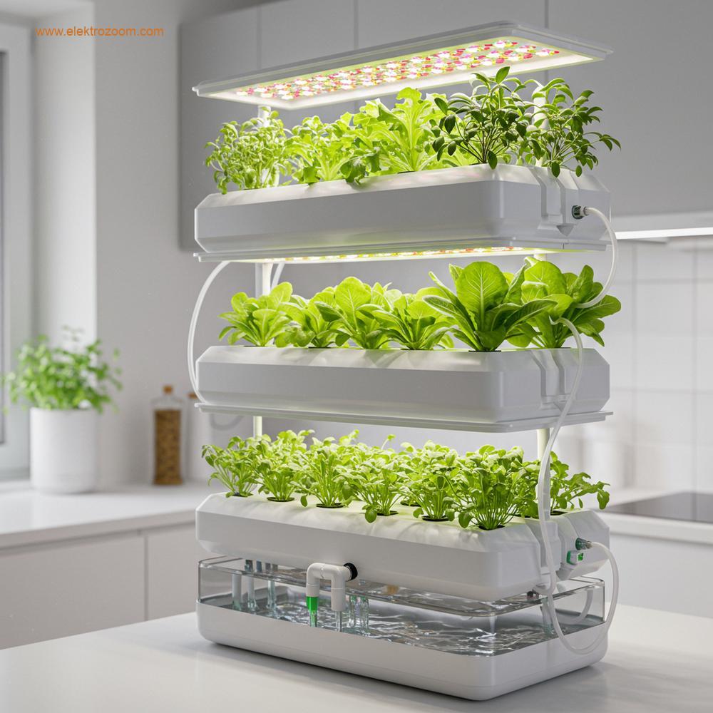 Mutfakta kurulmuş, dikey, modern ve küçük bir kompakt hidroponik bahçe kurulumunun ayrıntılı fotoğrafı.