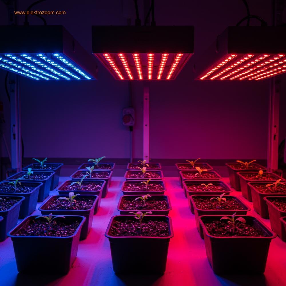 A clean, well-lit laboratory or research setup showing various small plants (e.g., seedlings or young sprouts) in individual pots. Each pot is positioned under a precisely controlled, customized LED light array, which might include different spectrums like predominantly blue, predominantly red, or a balanced white. The image focuses on the subtle variations in plant growth and morphology, highlighting the scientific experimentation and spectral control aspect of LED technology. Realistic, clear, and detailed scientific photography.