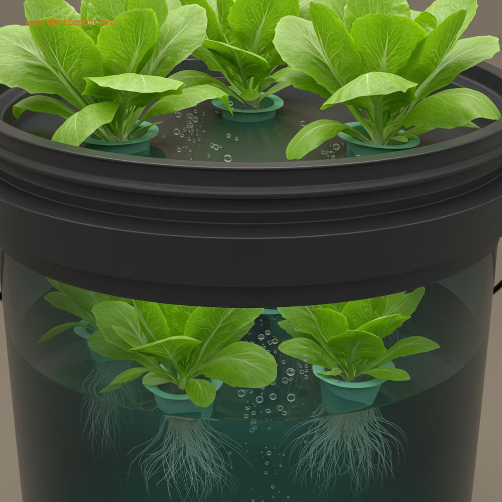 DWC topraksız tarım sisteminin yakından detayı. Bitkilerin kökleri besin çözeltisine uzanmış ve hava taşı sürekli kabarcık üretiyor.