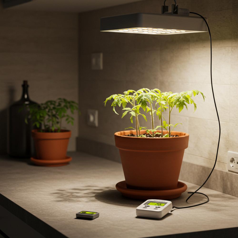 Parlak bir mutfak tezgahında, bir dijital zamanlayıcı bir prize takılı ve bu zamanlayıcı, çiçek açmış domates fideleri içeren bir toprak saksının üzerinde asılı duran küçük, alçak profilli bir LED ışık fikstürüne güç veriyor.